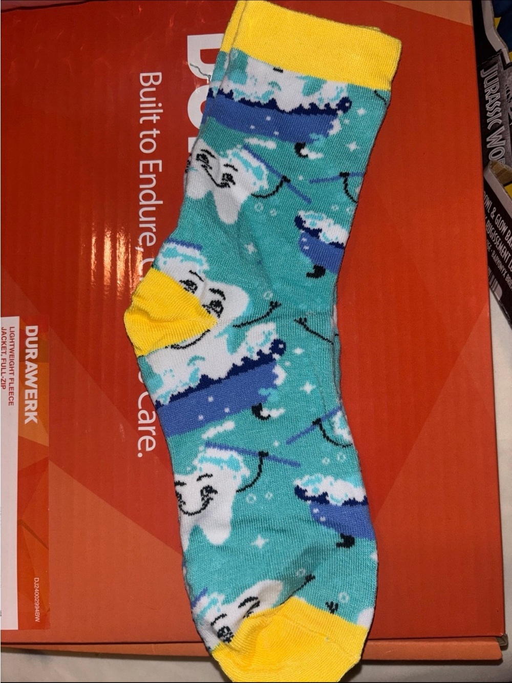 Novelty Cloud & Moon teeth Crew Socks - Teal with Yellow Accents